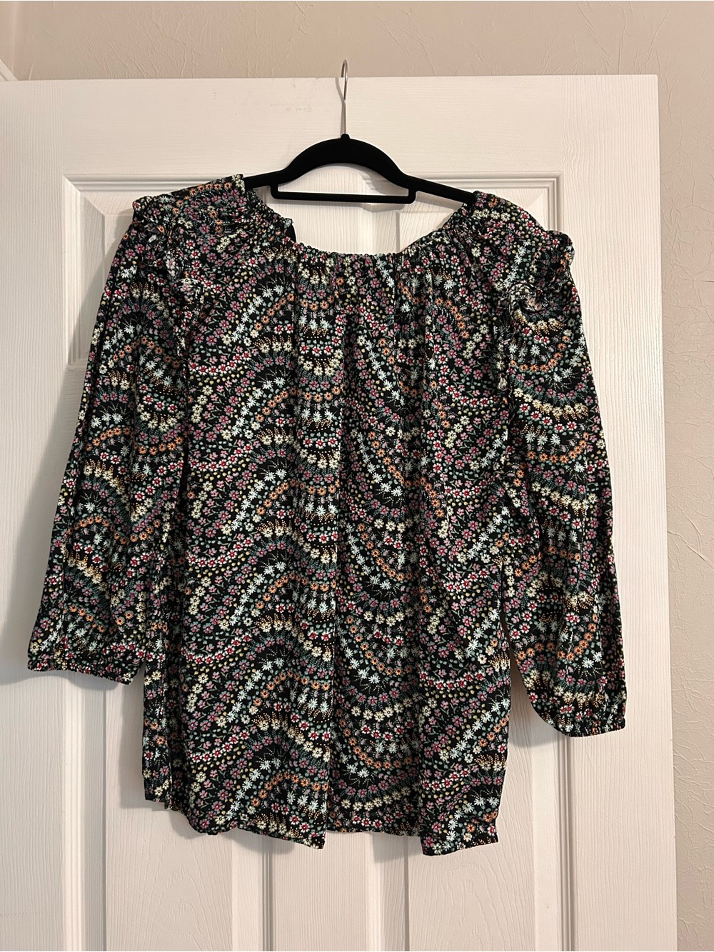 LOFT Black Floral Blouse with Multicolor Ditsy Print